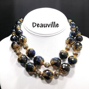 Deauville Black Faceted Lucite Bead Necklace Rhinestone Gold Tone 1950s